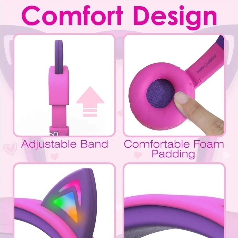 Kids Headphones LED Cat Ears On-Ear Wired Laced Tangle-Free Cables Girls Travel